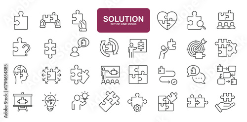 Set of line icons related to puzzle, jigsaw, solution. Outline icons collection