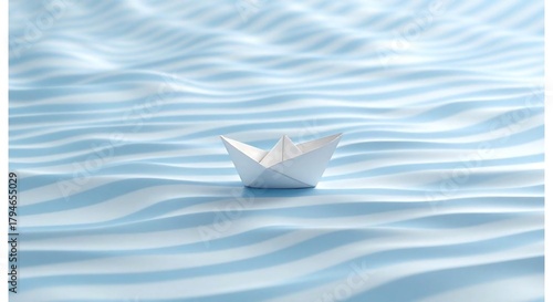 A solitary paper boat sails on wavy blue water, symbolizing journey and adventure