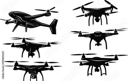 Drone silhouette set, black vector illustration, quadcopter and fixed-wing designs, aerial technology, propeller styles, camera-equipped UAV concept