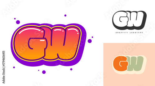 GW logo design for festival or party. Initial letter g and w in graffiti style. Creative modern lettering company name of font typography. Kids trendy logotype or identity.