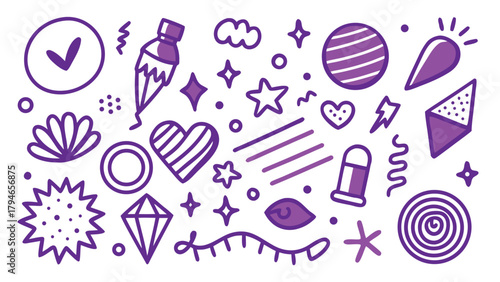 Purple paint brushes with additional art tools displayed together on a clean surface..eps