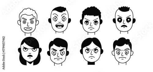 Diverse cartoon faces express a range of strong emotions from anger to surprise, perfect for illustrating human feelings and reactions in projects.