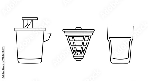 A collection of minimalist line art icons for coffee brewing, featuring a French press, a pour-over dripper, and a drinking glass. Vector symbols for kitchen and cafe concepts