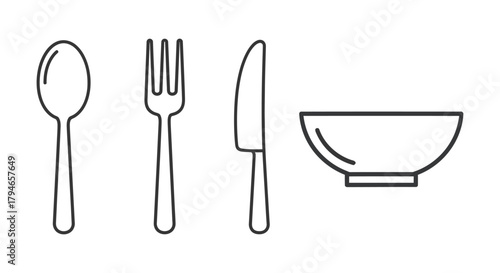 A minimalist line art icon set featuring a spoon, fork, knife, and bowl, representing dining utensils and tableware for meals and dining concepts