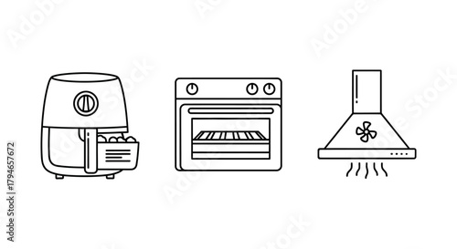 Kitchen appliance line icon set featuring an air fryer, electric oven, and cooker hood. Vector symbols for cooking and home culinary themes