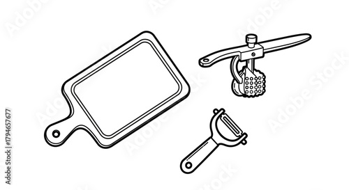 A black and white vector illustration set of essential kitchen tools for cooking, including a cutting board, peeler, and garlic press on an isolated background