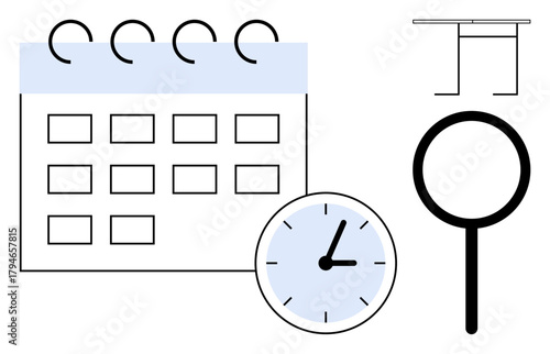 Calendar, clock, and magnifying glass signifying organization, time management, scheduling, research, productivity, event tracking task prioritization. Ideal for planning efficiency and simple