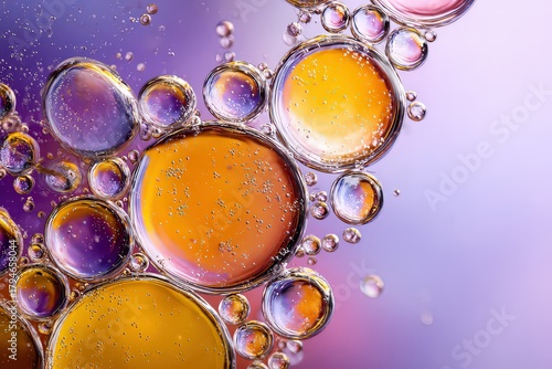 Abstract Macro Photography of Colorful Bubbles with Glitter Effect on a Soft Purple Background