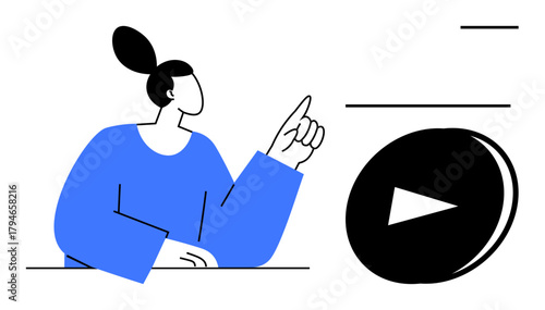 Female figure with raised hand pointing at a large play button. Ideal for digital learning, streaming, engagement, instruction, media consumption, guidance, or online tutorials. Simple flat metaphor