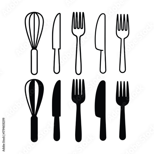 Modern kitchen essentials whisk fork knife icons set for culinary design and cooking inspiration