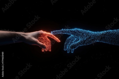 This visually striking image captures a human's hand and a digital-inspired hand reaching out to touch, emphasizing the intersection of humanity and technological innovation.