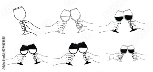 Raise a glass and celebrate life's moments with these stylish hand drawn wine cheers illustrations, perfect for any festive occasion