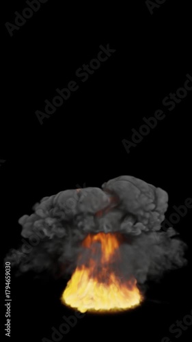 Dramatic fiery explosion with dense smoke cloud billowing upwards against a stark black background, symbolizing destruction and power