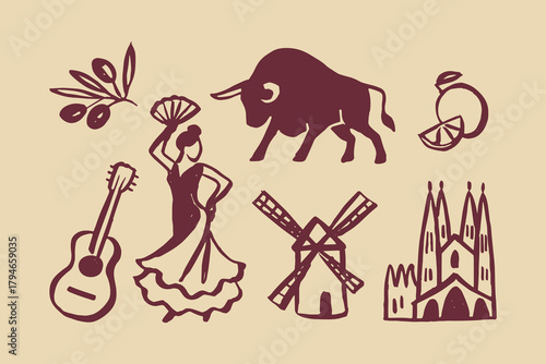 Spanish icons set naive sketch hand drawn vector illustration