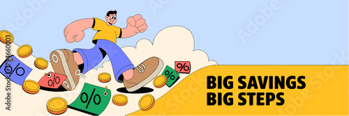 Exaggerated proportions character with huge legs running for discounts — shopping sale vector banner 