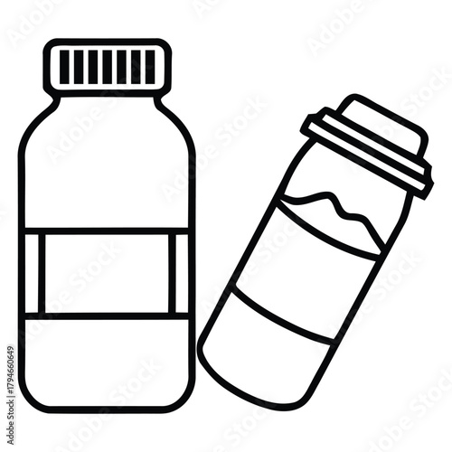 Simple black line icons of two medicine bottles, one upright with a ribbed cap, the other tilted with powder inside, perfect for health and wellness themes.