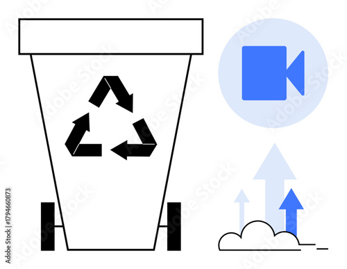 Recycling bin with arrows forming the recycling logo, video play icon, and arrows pointing upwards. Ideal for sustainability, waste management, eco-consciousness, recycling awareness, environmental