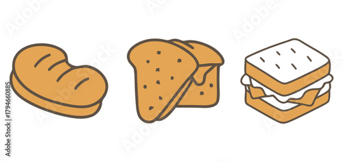 Delightful cartoon icons showcase a crusty bread loaf, stacked toasted bread slices, and a savory sandwich perfect for food blogs and cafe branding.