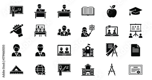 Teacher silhouette icon set. Vector pictograms of teaching, classroom instruction, education tools, learning guidance, training, and academic support solid illustration.