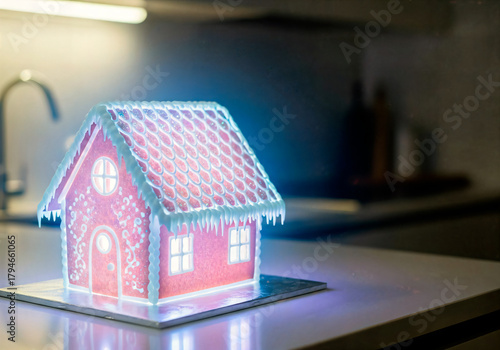 Glowing pink gingerbread house illuminated from within. Homemade Christmas holiday decoration on a kitchen counter. Festive winter baking concept
