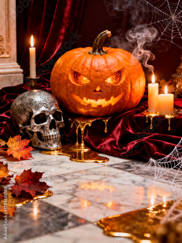 Spooky halloween decoration with a glowing jack-o'-lantern and an ornate skull. Vertical gothic still life with candles, smoke, and melting gold on a marble floor