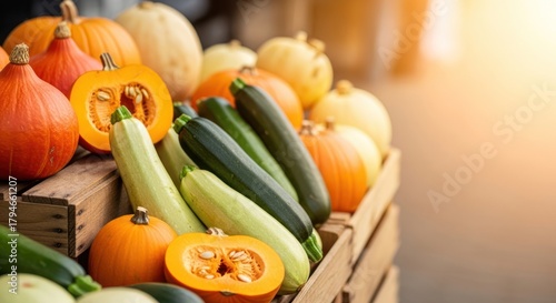 Fall bounty of squash and zucchini displayed in wooden crates outdoors