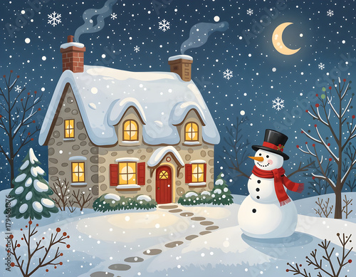 A cozy log cabin glows with warm light in a snowy pine forest, capturing the peaceful magic of a winter night in the mountains. Amazing Christmas digital illustration. CG Artwork Background