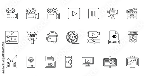 Video line icon set. Vector pictograms of play buttons, film strips, recording, media players, streaming, and video content creation thin linear illustration.