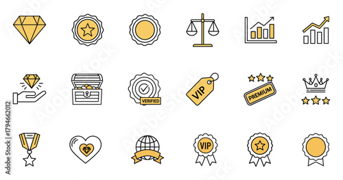 Value line icon set. Vector pictograms of pricing, quality, market worth, customer benefits, cost comparison, and economic value thin linear illustration.