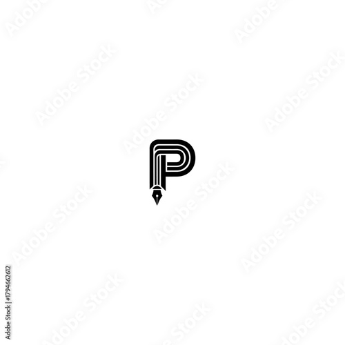 Minimalist letter p logo with integrated pen nib design on white background