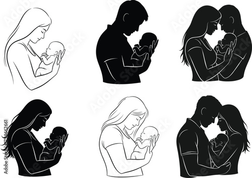 Stylized parent and baby illustration set, black silhouette and line art, emotional bonding, nurturing care, family love concept design
