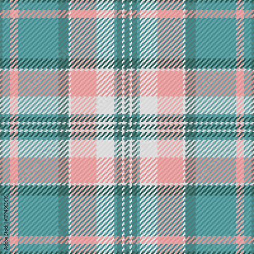 Close up check seamless textile, wool pattern tartan texture. Occupation fabric plaid background vector in cyan and gainsboro colors.