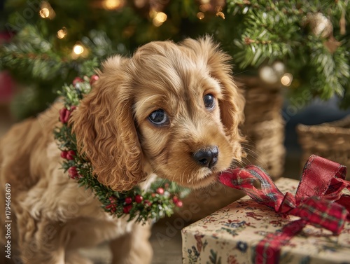 A small dog with a christmas wreath on its head