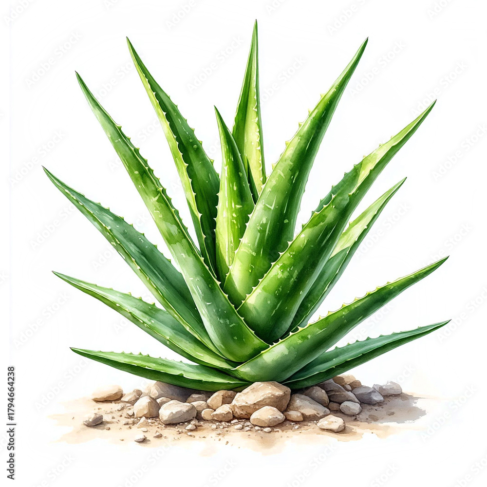 Fototapeta premium An aloe bush with green fleshy leaves. Watercolor digital illustration. Medicinal and cosmetic plant isolated on a white background. The concept of body and skin care.