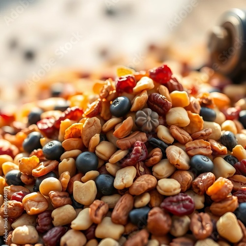 Nutty trail mix with dried fruit and seeds for energy on the go,  snack,  trail