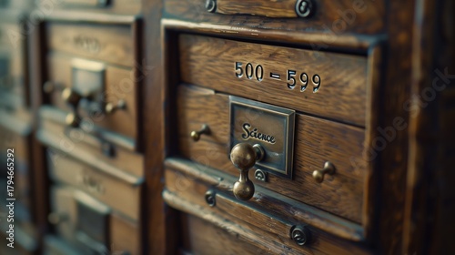 Dewey Decimal System Day: macro photograph of vintage library card catalog drawer, brass label holder with 