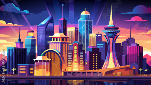 Very beautiful Las Vegas skyline in Nevada, USA, featuring modern high-rise towers, illuminated architectural silhouettes, and a vibrant metropolitan atmosphere that reflects the iconic energy of this