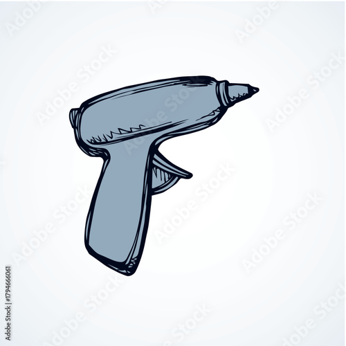 Handle home build job turn motor object on white wooden space for text. Outline black drawn labor install plastic cord hole machine logo pictogram sign in modern art doodle cartoon style. Closeup view