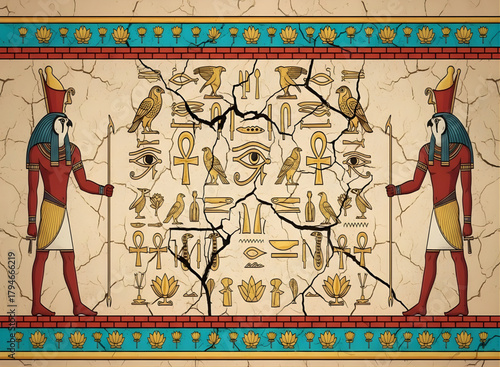 Hieroglyph wall with ancient egyptian horus
