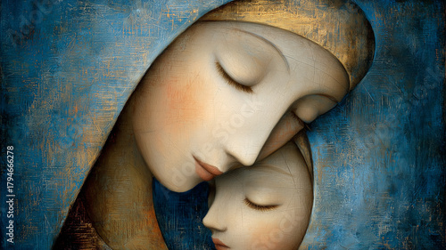 Beautiful stylized portrait of Mary embracing the infant Jesus, smooth painterly textures in soft blue and gold tones, calm and serene artistic mood, isolated on a plain light background.