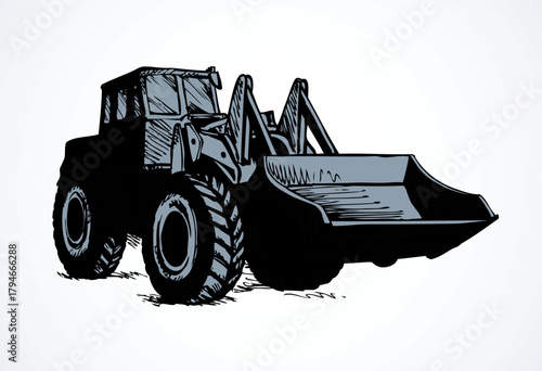 Steel scrape traction on big rubber bus tire on white background. Dark line ink hand drawn power push load icon sign logo pictogram sketch in graphic style with space for text on sand dirt land quarry