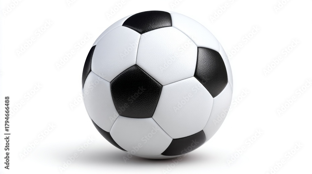 Naklejka premium A classic black and white soccer ball is showcased against a bright white background. The ball embodies the spirit of the game and is perfect for sports promotions, events, and décor