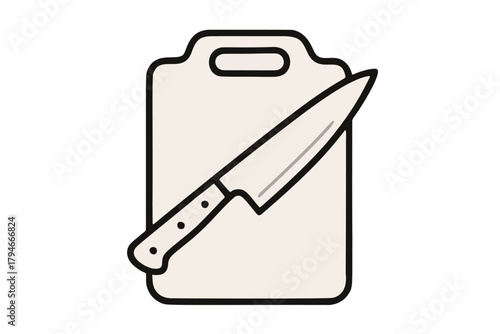 Chef's knife placed diagonally across a cutting board. Simple black outline vector icon for kitchen, cooking, recipes, or food preparation apps and logos.