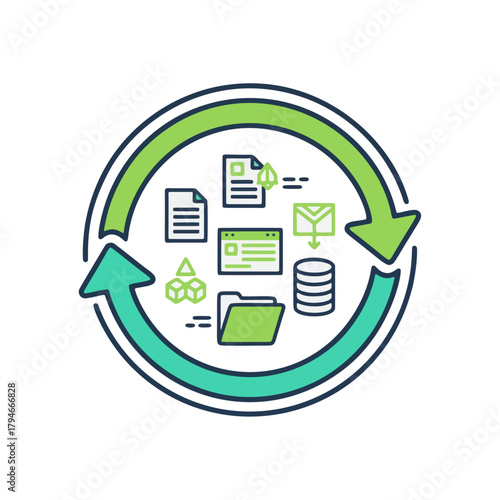 Data management and file cycle icon. Arrows circle digital files, folders, and databases. Symbolizes data flow, storage, transfer, and information recycling. Flat vector design.