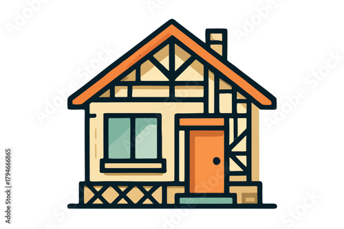 Rustic farmhouse illustration with timber frame design and orange roof. Cozy home icon, featuring grainy texture. Symbol for real estate, construction, or country living.