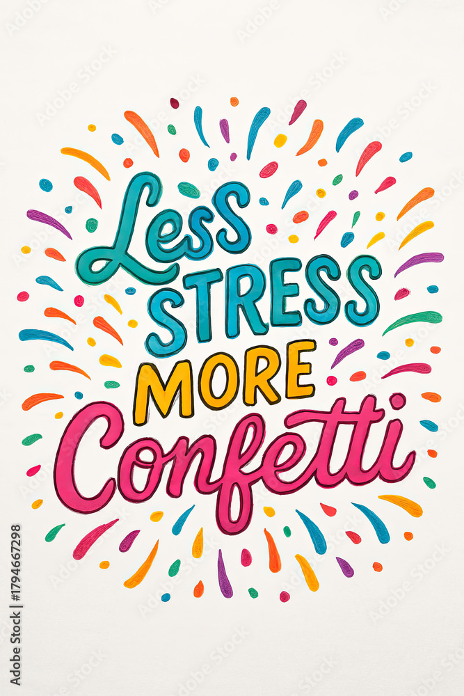 Obraz premium Vibrant 'Less Stress More Confetti' hand-lettered art. Colorful typography and festive confetti promote joy, positivity, and celebration. Inspiring stress-free, happy moments, this design br