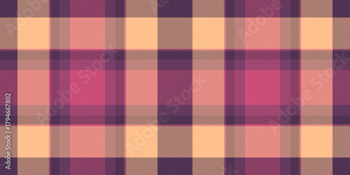 Site fabric textile pattern, quilted plaid tartan background. Yuletide check texture vector seamless in pink and orange colors.