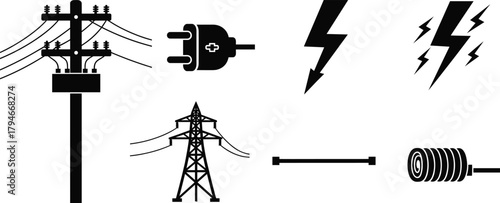 Electric utility pole, power plug connector, high voltage tower, lightning bolt icons, straight cable line and coiled electric wire black silhouette set