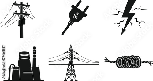 Electric utility pole, power plug, lightning bolt, industrial power plant, transmission tower, and twisted cable silhouette icons for energy infrastructure design illustration