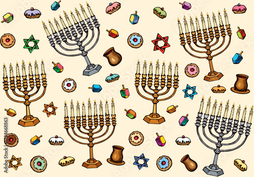 Vintage golden hanukka candelabra lamp, dough pastry bread eat bakery snack, old cup gift, spin toy. Biblic ethnic happy hanukkiah hexagram ceremony design drawn as retro graphic art on cream backdrop